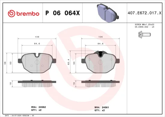 Bremsbelagsatz, Scheibenbremse Hinterachse BREMBO P 06 064X Bild Bremsbelagsatz, Scheibenbremse Hinterachse BREMBO P 06 064X