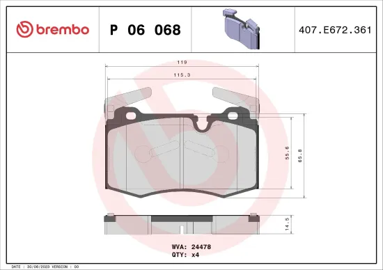 Bremsbelagsatz, Scheibenbremse Vorderachse BREMBO P 06 068 Bild Bremsbelagsatz, Scheibenbremse Vorderachse BREMBO P 06 068
