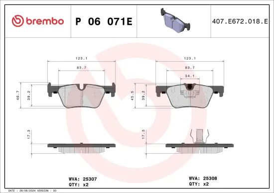Bremsbelagsatz, Scheibenbremse Hinterachse BREMBO P 06 071E Bild Bremsbelagsatz, Scheibenbremse Hinterachse BREMBO P 06 071E