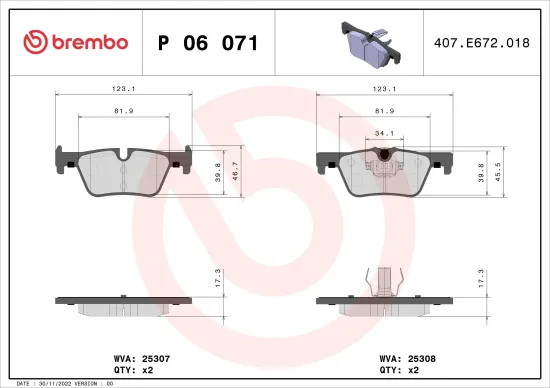 Bremsbelagsatz, Scheibenbremse Hinterachse BREMBO P 06 071 Bild Bremsbelagsatz, Scheibenbremse Hinterachse BREMBO P 06 071