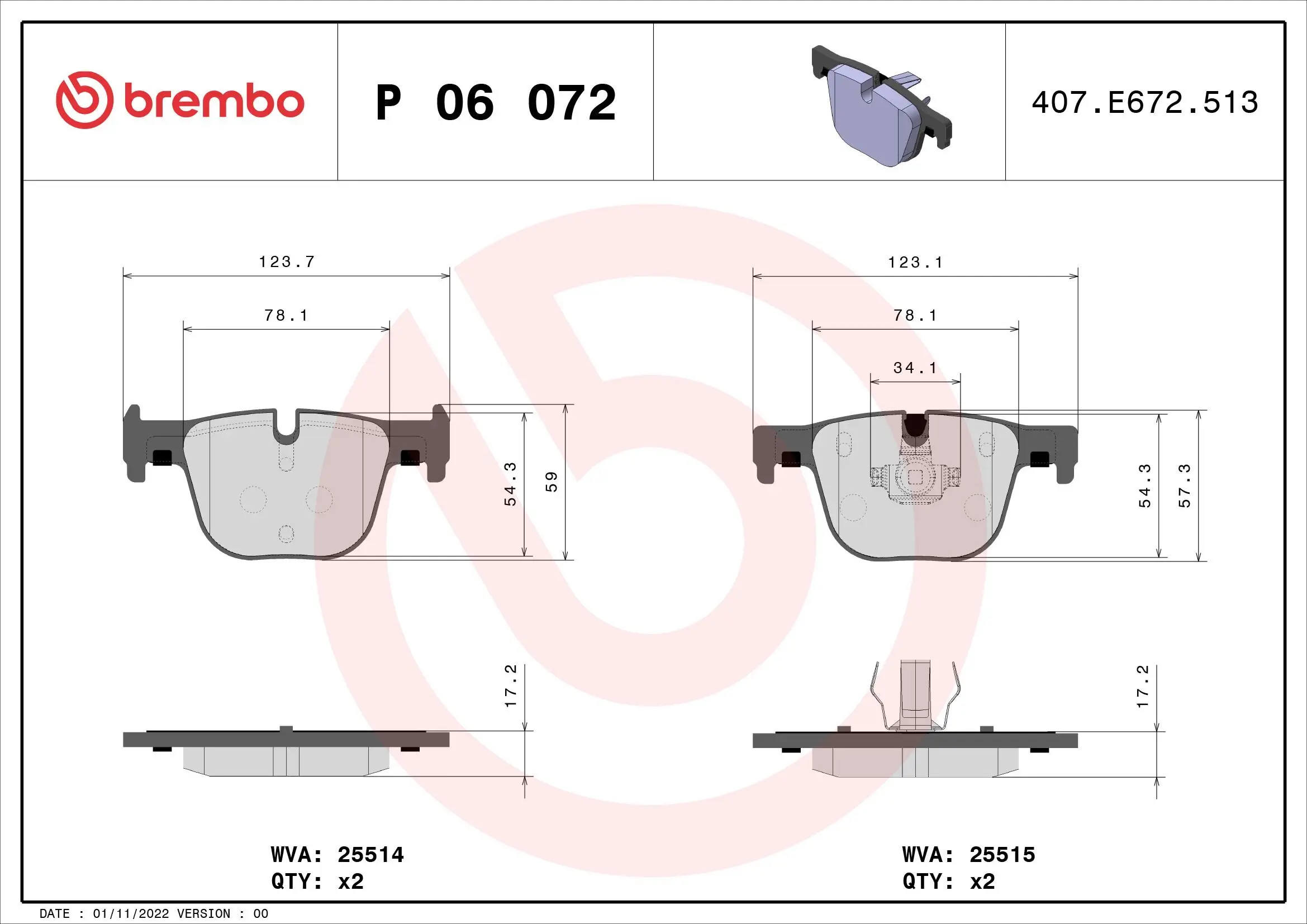 Bremsbelagsatz, Scheibenbremse Hinterachse BREMBO P 06 072