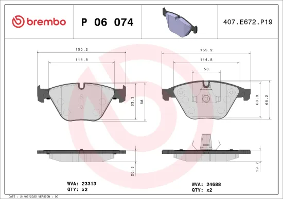 Bremsbelagsatz, Scheibenbremse Vorderachse BREMBO P 06 074 Bild Bremsbelagsatz, Scheibenbremse Vorderachse BREMBO P 06 074