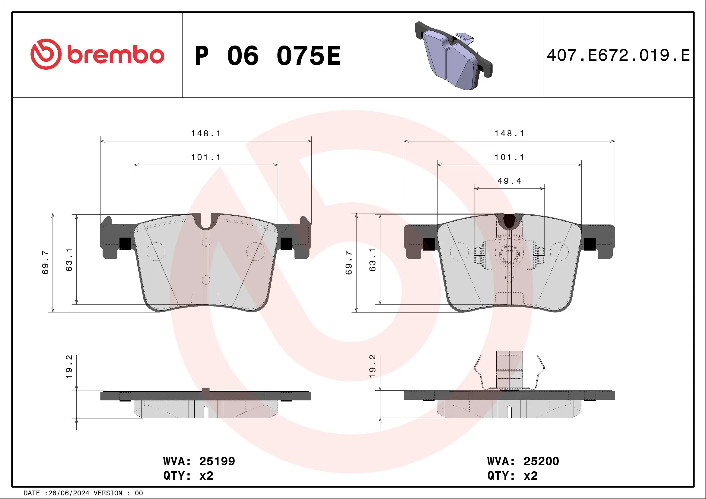 Bremsbelagsatz, Scheibenbremse Vorderachse BREMBO P 06 075E