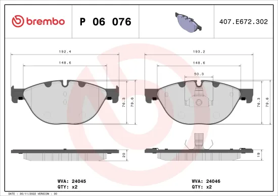 Bremsbelagsatz, Scheibenbremse Vorderachse BREMBO P 06 076 Bild Bremsbelagsatz, Scheibenbremse Vorderachse BREMBO P 06 076
