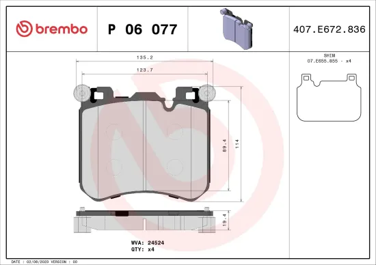 Bremsbelagsatz, Scheibenbremse Vorderachse BREMBO P 06 077 Bild Bremsbelagsatz, Scheibenbremse Vorderachse BREMBO P 06 077