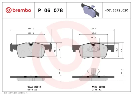 Bremsbelagsatz, Scheibenbremse Vorderachse BREMBO P 06 078X Bild Bremsbelagsatz, Scheibenbremse Vorderachse BREMBO P 06 078X