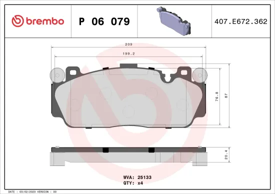 Bremsbelagsatz, Scheibenbremse Vorderachse BREMBO P 06 079 Bild Bremsbelagsatz, Scheibenbremse Vorderachse BREMBO P 06 079
