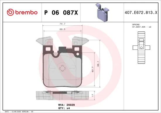 Bremsbelagsatz, Scheibenbremse Hinterachse BREMBO P 06 087X Bild Bremsbelagsatz, Scheibenbremse Hinterachse BREMBO P 06 087X