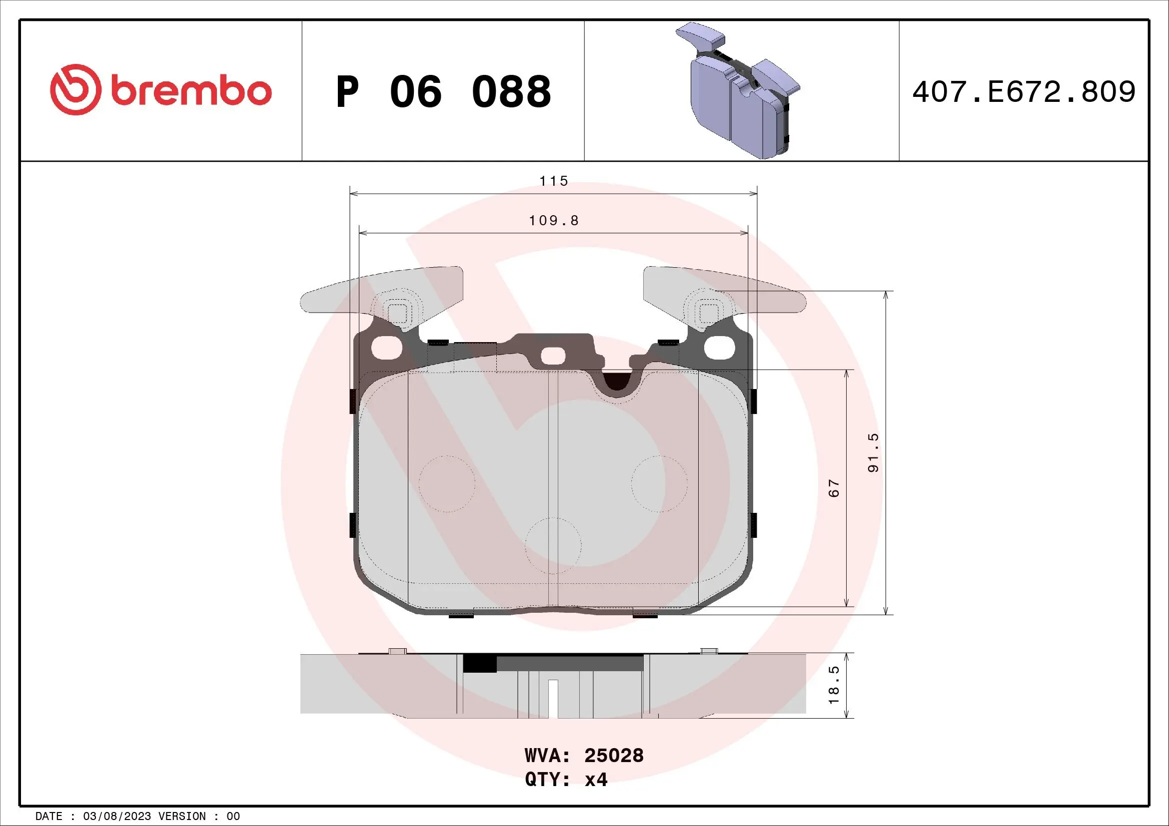 Bremsbelagsatz, Scheibenbremse Vorderachse BREMBO P 06 088X