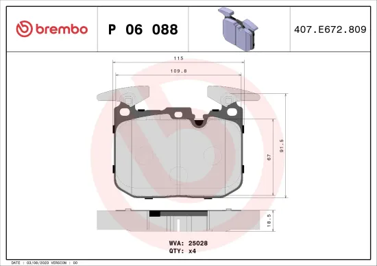 Bremsbelagsatz, Scheibenbremse Vorderachse BREMBO P 06 088X Bild Bremsbelagsatz, Scheibenbremse Vorderachse BREMBO P 06 088X