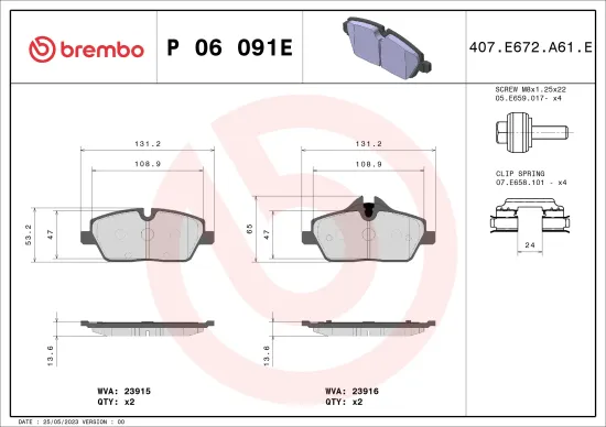 Bremsbelagsatz, Scheibenbremse Vorderachse BREMBO P 06 091E Bild Bremsbelagsatz, Scheibenbremse Vorderachse BREMBO P 06 091E