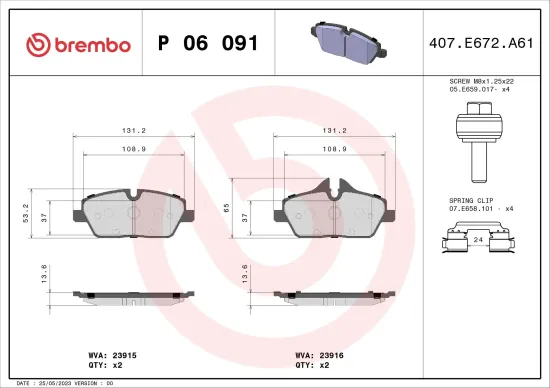 Bremsbelagsatz, Scheibenbremse Vorderachse BREMBO P 06 091 Bild Bremsbelagsatz, Scheibenbremse Vorderachse BREMBO P 06 091