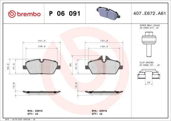 Bremsbelagsatz, Scheibenbremse Vorderachse BREMBO P 06 091 Bild Bremsbelagsatz, Scheibenbremse Vorderachse BREMBO P 06 091
