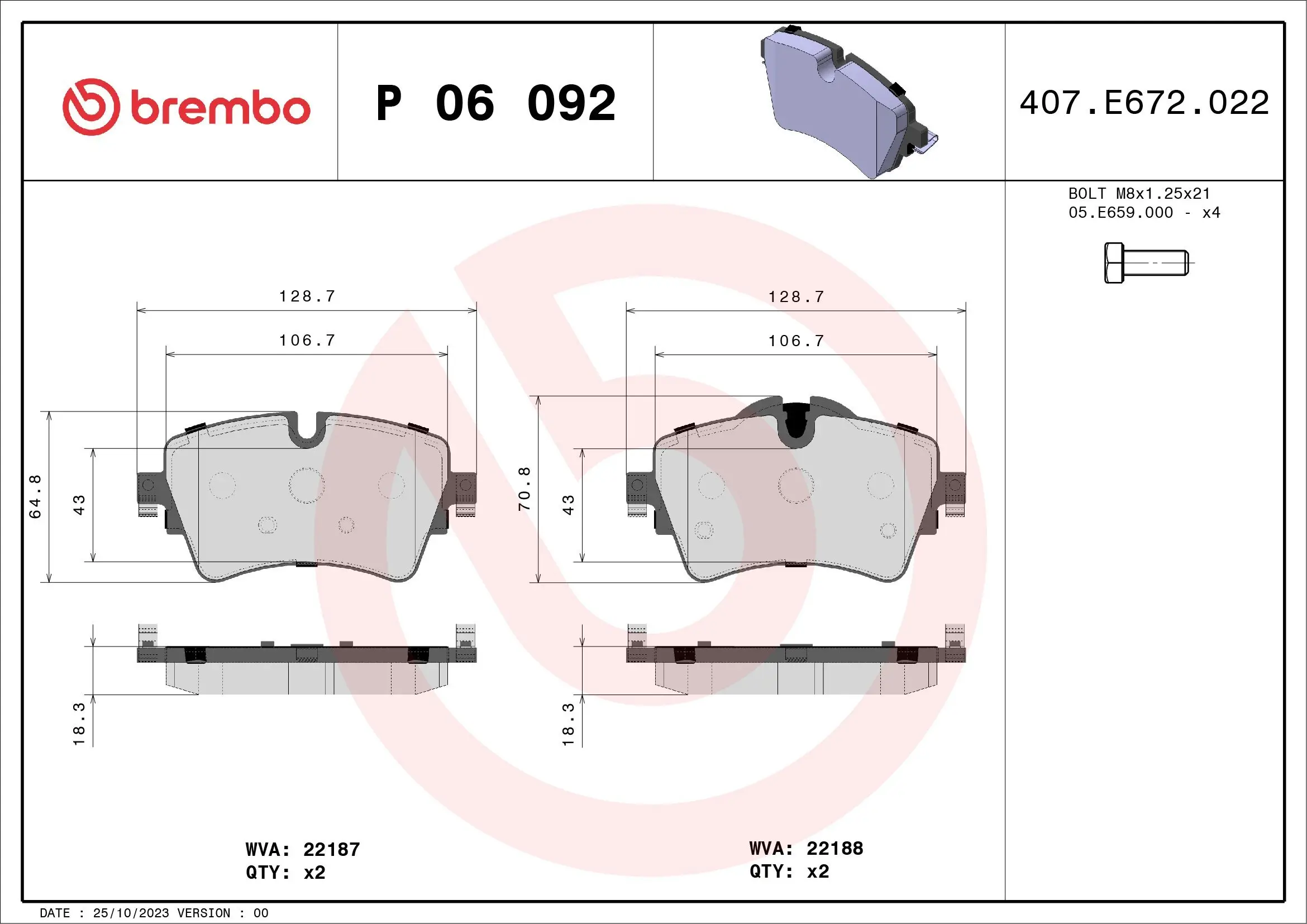 Bremsbelagsatz, Scheibenbremse Vorderachse BREMBO P 06 092