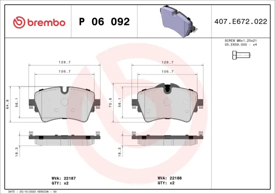 Bremsbelagsatz, Scheibenbremse Vorderachse BREMBO P 06 092 Bild Bremsbelagsatz, Scheibenbremse Vorderachse BREMBO P 06 092