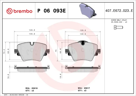 Bremsbelagsatz, Scheibenbremse Vorderachse BREMBO P 06 093E Bild Bremsbelagsatz, Scheibenbremse Vorderachse BREMBO P 06 093E