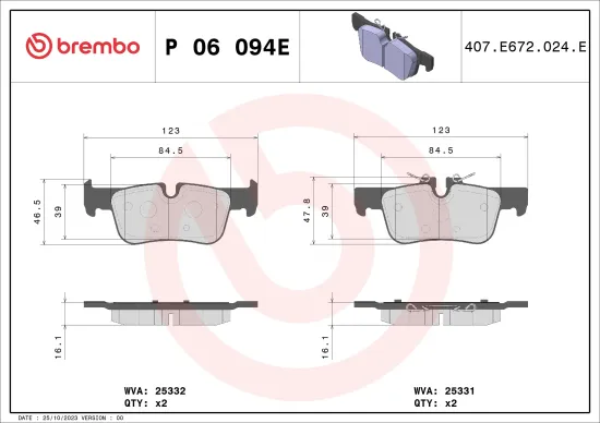 Bremsbelagsatz, Scheibenbremse Hinterachse BREMBO P 06 094E Bild Bremsbelagsatz, Scheibenbremse Hinterachse BREMBO P 06 094E