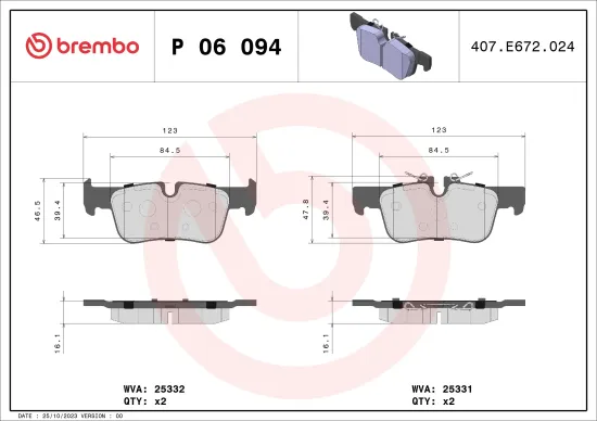 Bremsbelagsatz, Scheibenbremse Hinterachse BREMBO P 06 094 Bild Bremsbelagsatz, Scheibenbremse Hinterachse BREMBO P 06 094