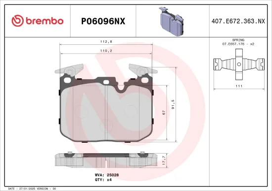 Bremsbelagsatz, Scheibenbremse Vorderachse BREMBO P06096NX Bild Bremsbelagsatz, Scheibenbremse Vorderachse BREMBO P06096NX