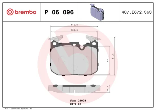 Bremsbelagsatz, Scheibenbremse Vorderachse BREMBO P 06 096 Bild Bremsbelagsatz, Scheibenbremse Vorderachse BREMBO P 06 096