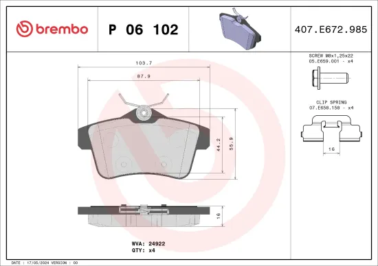 Bremsbelagsatz, Scheibenbremse Hinterachse BREMBO P 06 102 Bild Bremsbelagsatz, Scheibenbremse Hinterachse BREMBO P 06 102