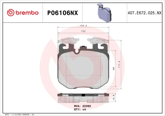 Bremsbelagsatz, Scheibenbremse BREMBO P06106NX Bild Bremsbelagsatz, Scheibenbremse BREMBO P06106NX