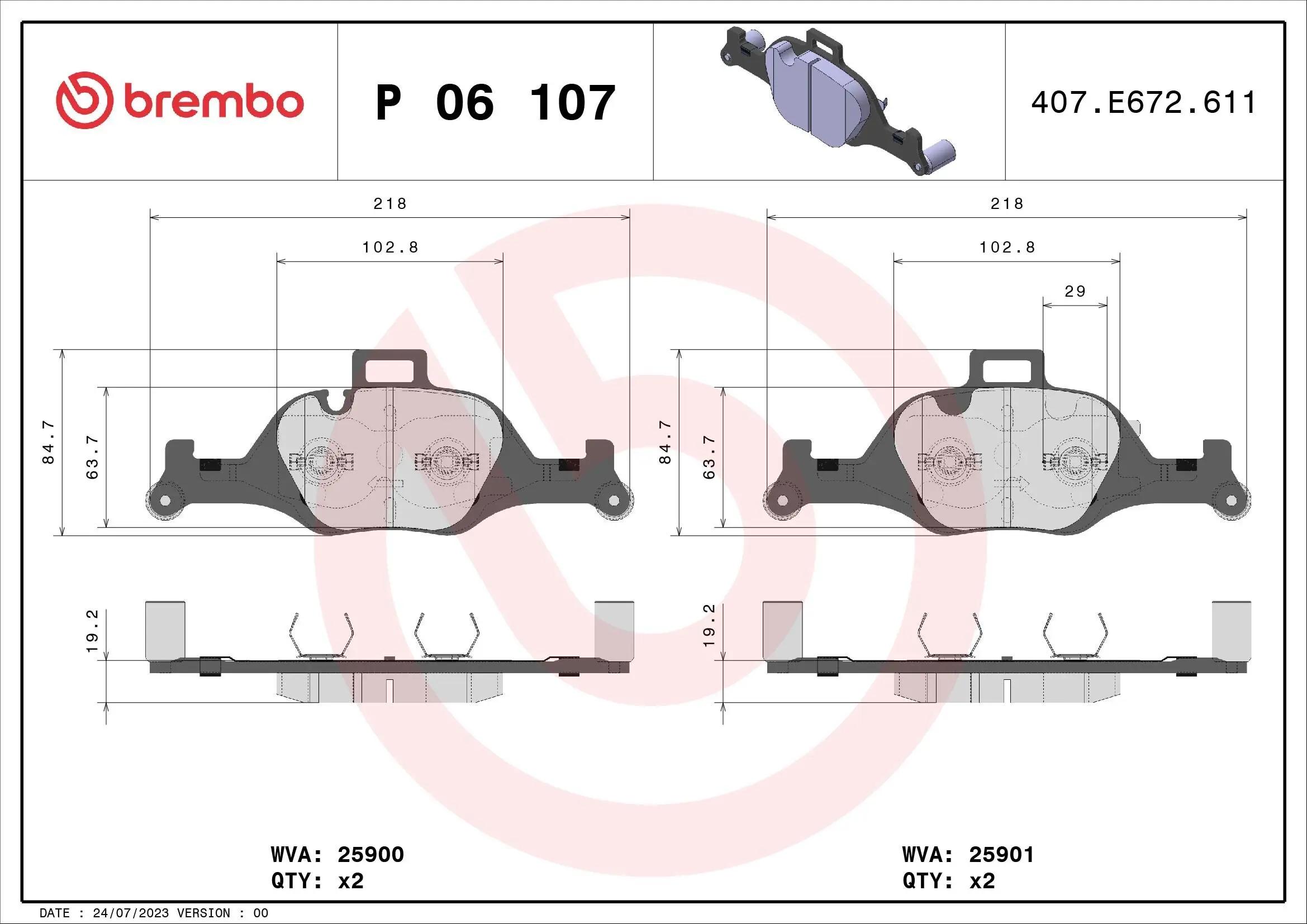 Bremsbelagsatz, Scheibenbremse Vorderachse BREMBO P 06 107