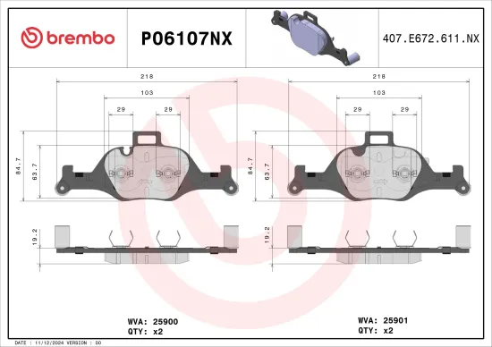 Bremsbelagsatz, Scheibenbremse Vorderachse BREMBO P06107NX Bild Bremsbelagsatz, Scheibenbremse Vorderachse BREMBO P06107NX