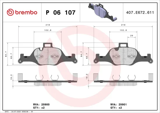 Bremsbelagsatz, Scheibenbremse Vorderachse BREMBO P 06 107 Bild Bremsbelagsatz, Scheibenbremse Vorderachse BREMBO P 06 107