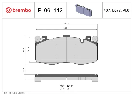 Bremsbelagsatz, Scheibenbremse Vorderachse BREMBO P 06 112 Bild Bremsbelagsatz, Scheibenbremse Vorderachse BREMBO P 06 112