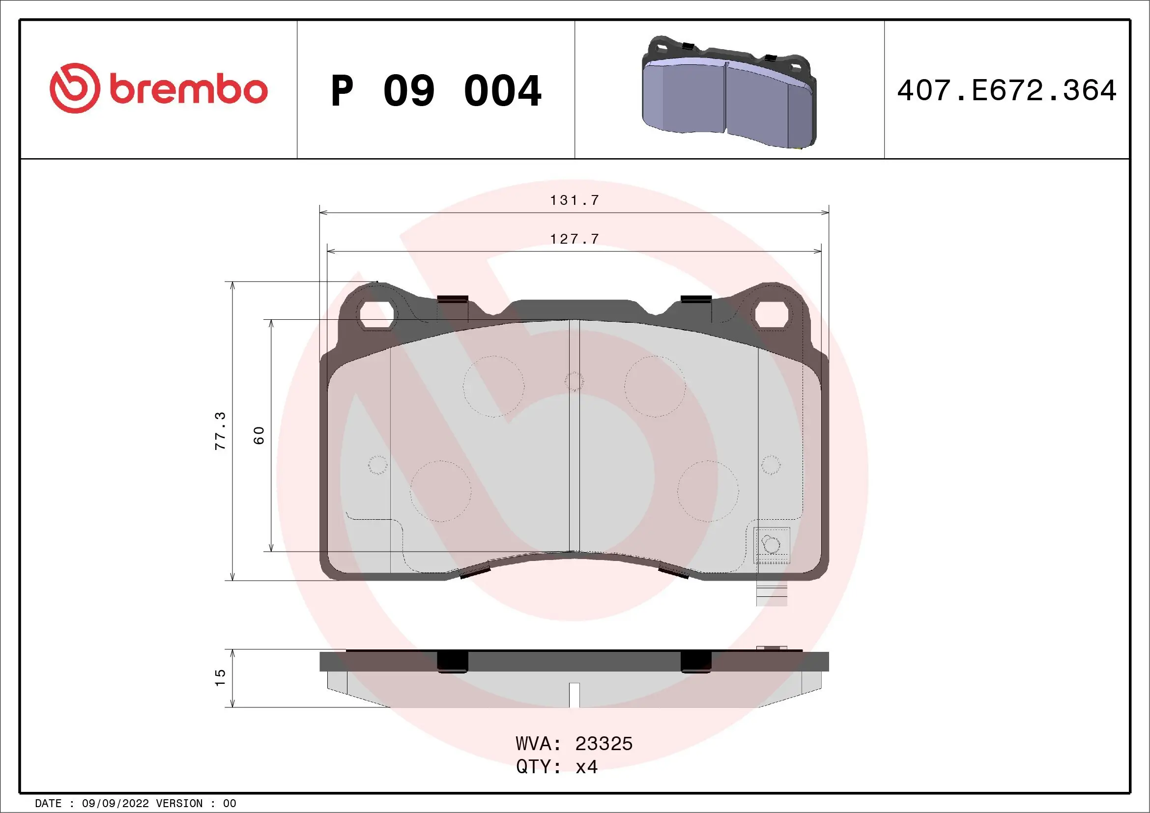 Bremsbelagsatz, Scheibenbremse Vorderachse BREMBO P 09 004