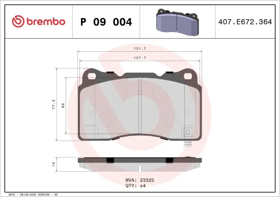 Bremsbelagsatz, Scheibenbremse Vorderachse BREMBO P 09 004 Bild Bremsbelagsatz, Scheibenbremse Vorderachse BREMBO P 09 004
