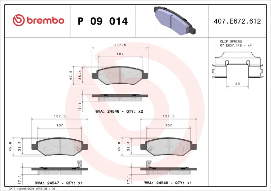 Bremsbelagsatz, Scheibenbremse Hinterachse BREMBO P 09 014 Bild Bremsbelagsatz, Scheibenbremse Hinterachse BREMBO P 09 014