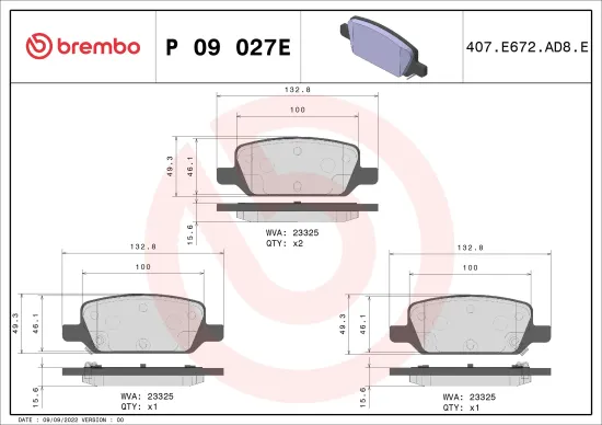 Bremsbelagsatz, Scheibenbremse Hinterachse BREMBO P 09 027E Bild Bremsbelagsatz, Scheibenbremse Hinterachse BREMBO P 09 027E