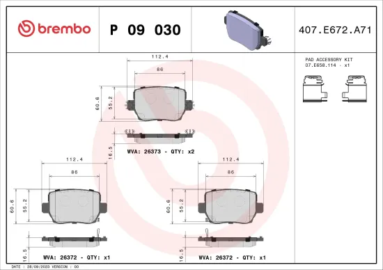 Bremsbelagsatz, Scheibenbremse Hinterachse BREMBO P 09 030 Bild Bremsbelagsatz, Scheibenbremse Hinterachse BREMBO P 09 030