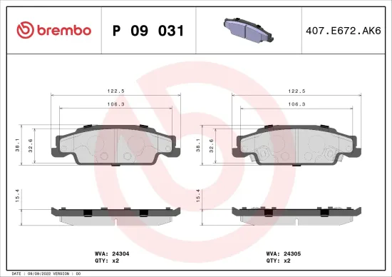 Bremsbelagsatz, Scheibenbremse Hinterachse BREMBO P 09 031 Bild Bremsbelagsatz, Scheibenbremse Hinterachse BREMBO P 09 031