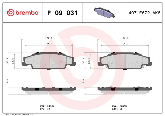 Bremsbelagsatz, Scheibenbremse Hinterachse BREMBO P 09 031 Bild Bremsbelagsatz, Scheibenbremse Hinterachse BREMBO P 09 031