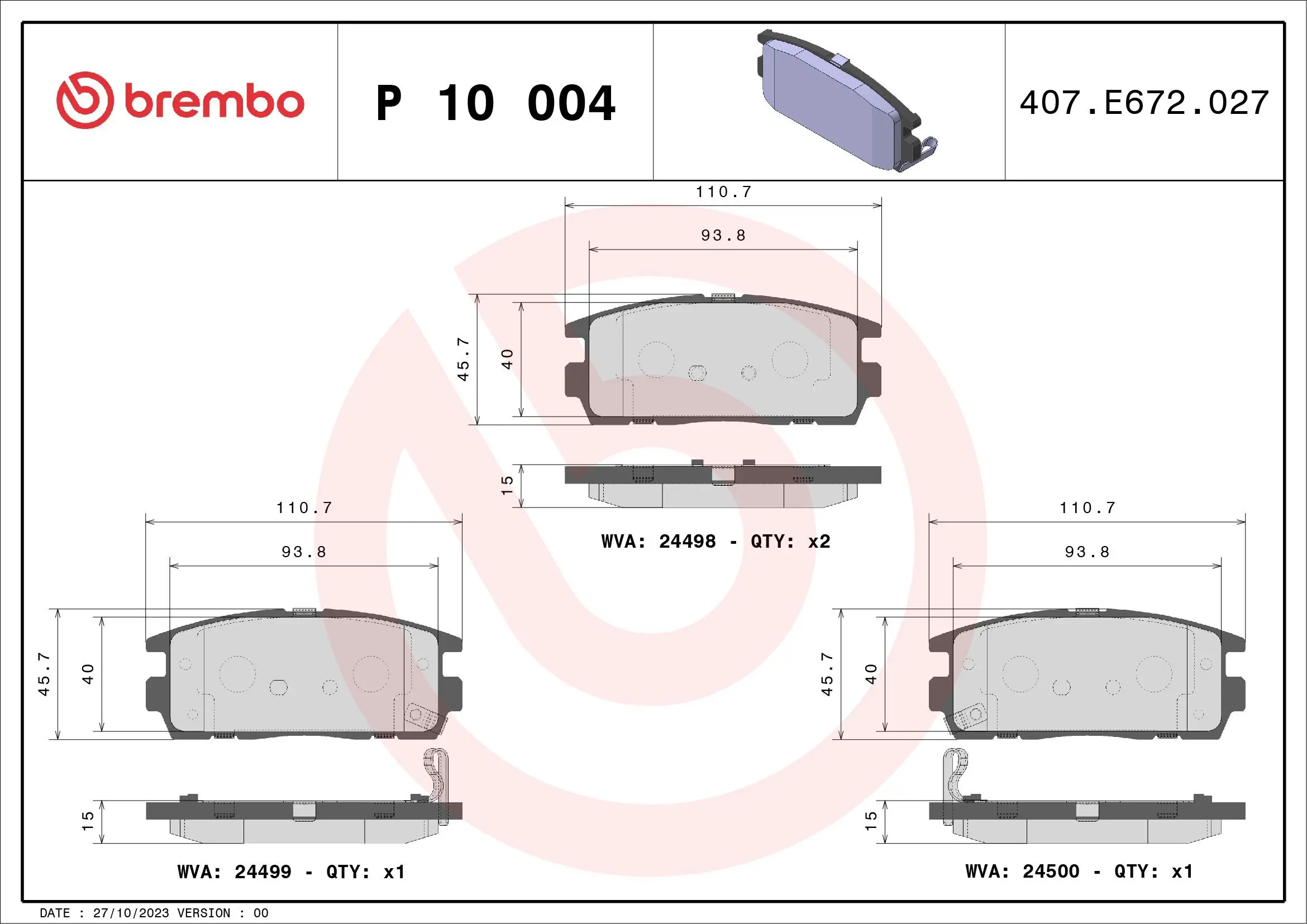 Bremsbelagsatz, Scheibenbremse Hinterachse BREMBO P 10 004