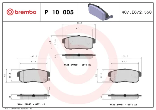 Bremsbelagsatz, Scheibenbremse Hinterachse BREMBO P 10 005 Bild Bremsbelagsatz, Scheibenbremse Hinterachse BREMBO P 10 005