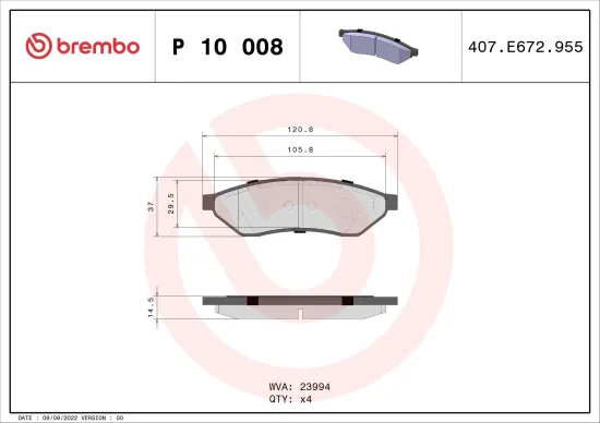 Bremsbelagsatz, Scheibenbremse Hinterachse BREMBO P 10 008 Bild Bremsbelagsatz, Scheibenbremse Hinterachse BREMBO P 10 008