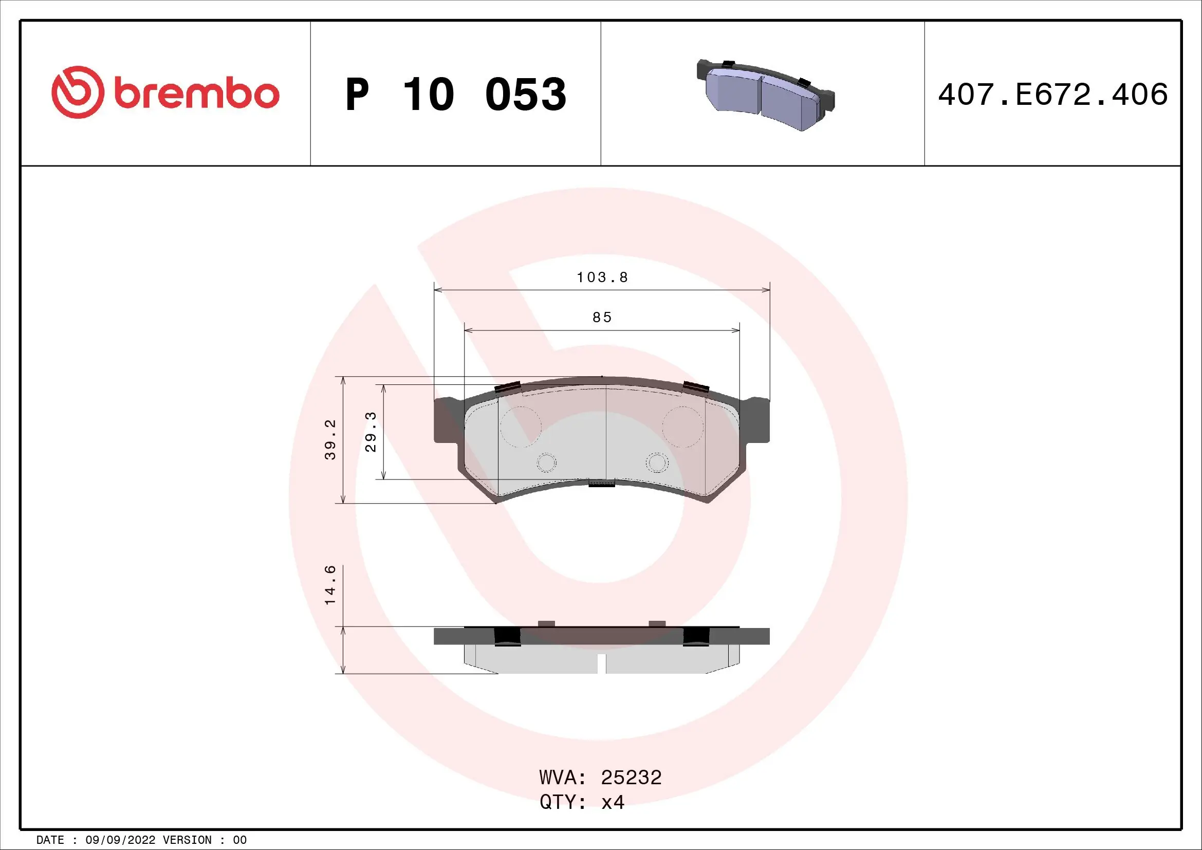 Bremsbelagsatz, Scheibenbremse BREMBO P 10 053 Bild Bremsbelagsatz, Scheibenbremse BREMBO P 10 053