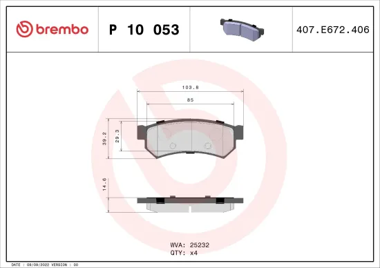 Bremsbelagsatz, Scheibenbremse Hinterachse BREMBO P 10 053 Bild Bremsbelagsatz, Scheibenbremse Hinterachse BREMBO P 10 053