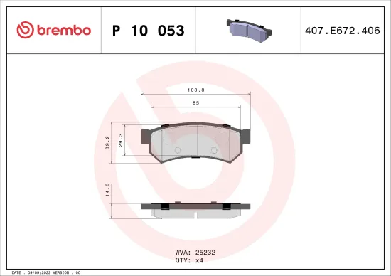 Bremsbelagsatz, Scheibenbremse Hinterachse BREMBO P 10 053 Bild Bremsbelagsatz, Scheibenbremse Hinterachse BREMBO P 10 053