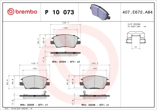 Bremsbelagsatz, Scheibenbremse Vorderachse BREMBO P 10 073 Bild Bremsbelagsatz, Scheibenbremse Vorderachse BREMBO P 10 073