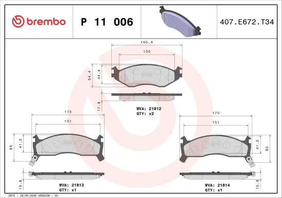 Bremsbelagsatz, Scheibenbremse Vorderachse BREMBO P 11 006 Bild Bremsbelagsatz, Scheibenbremse Vorderachse BREMBO P 11 006