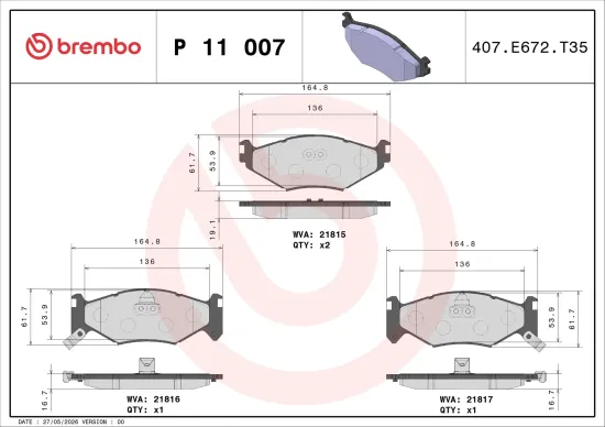 Bremsbelagsatz, Scheibenbremse Vorderachse BREMBO P 11 007 Bild Bremsbelagsatz, Scheibenbremse Vorderachse BREMBO P 11 007