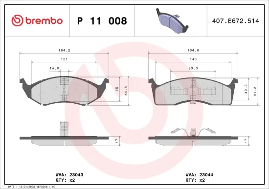 Bremsbelagsatz, Scheibenbremse Vorderachse BREMBO P 11 008 Bild Bremsbelagsatz, Scheibenbremse Vorderachse BREMBO P 11 008