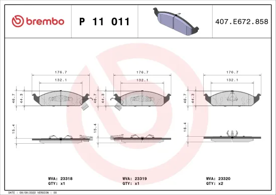 Bremsbelagsatz, Scheibenbremse Vorderachse BREMBO P 11 011 Bild Bremsbelagsatz, Scheibenbremse Vorderachse BREMBO P 11 011