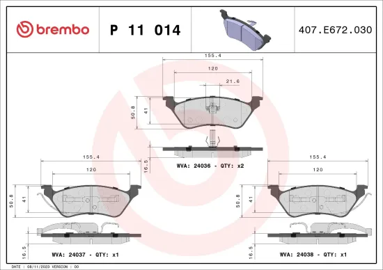Bremsbelagsatz, Scheibenbremse Hinterachse BREMBO P 11 014 Bild Bremsbelagsatz, Scheibenbremse Hinterachse BREMBO P 11 014