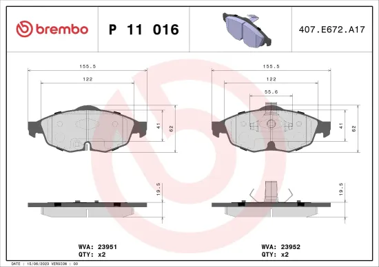 Bremsbelagsatz, Scheibenbremse Vorderachse BREMBO P 11 016 Bild Bremsbelagsatz, Scheibenbremse Vorderachse BREMBO P 11 016
